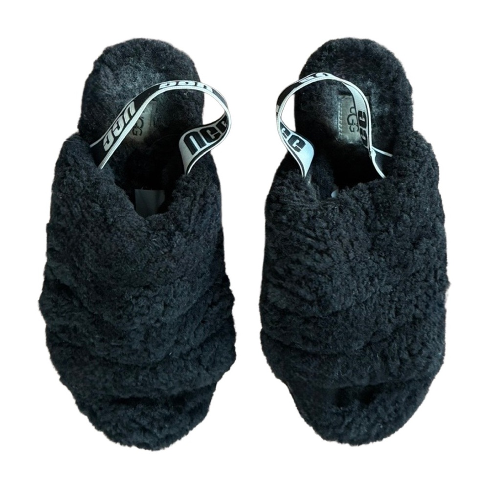 UGG Fluff Yeah Black Sheepskin Slingback Platform Slide Slippers – Size 9 - Picture 5 of 12